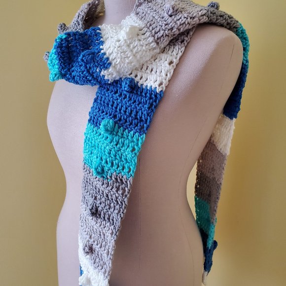 Crochet Popcorn Blue Skinny Scarf/New - Picture 4 of 5